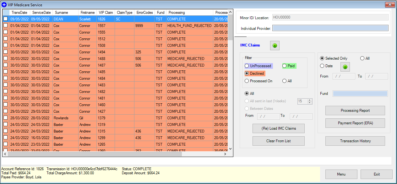 IMC Claim Reporting Filtered by Declines